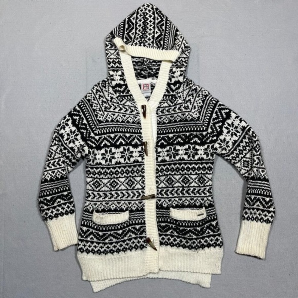AvalancheNordic Toggle Cardigan Sweater Hooded Small Black White Fair‎ Isle Knit